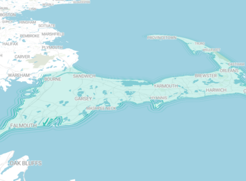 Map of Cape Cod highlighted area in green.